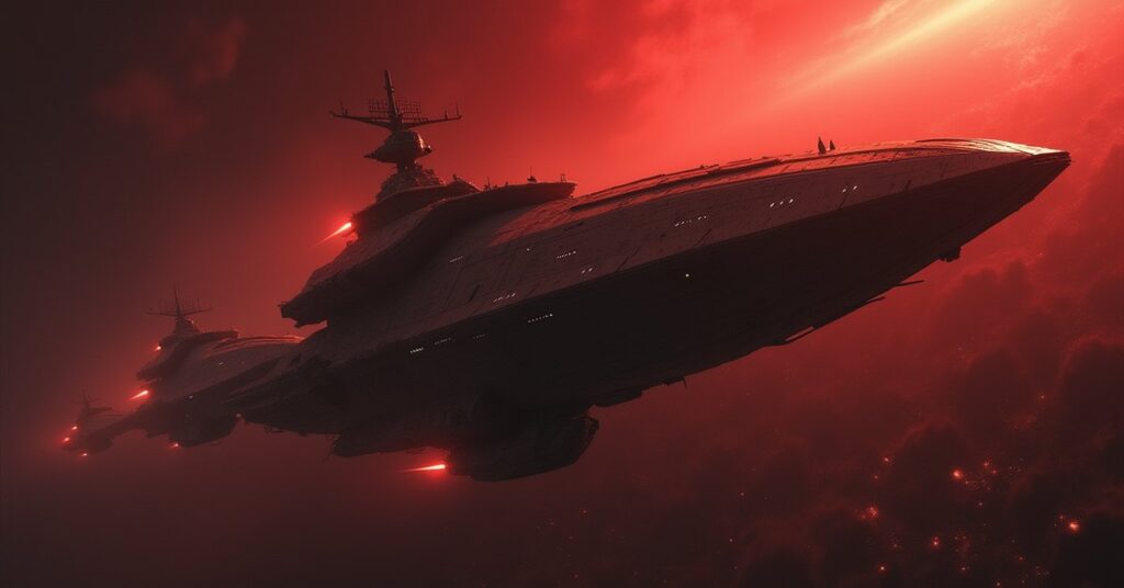 A Klingon warship escorting damaged civilian transports toward Kronos in Star Trek Fleet Command