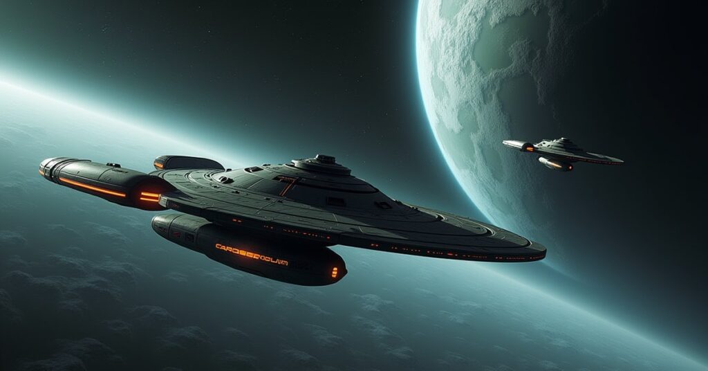 The USS Discovery waiting near a pale gas giant as another ship approaches in Star Trek Fleet Command