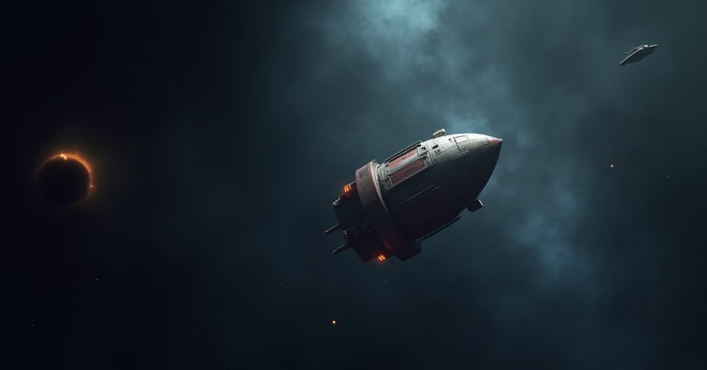 A lone escape pod drifts in a dark nebula as a scavenger ship and a starship close in