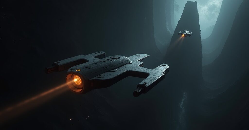 A Suliban ship escorted by a Romulan warbird toward a shadowy station in Star Trek Fleet Command