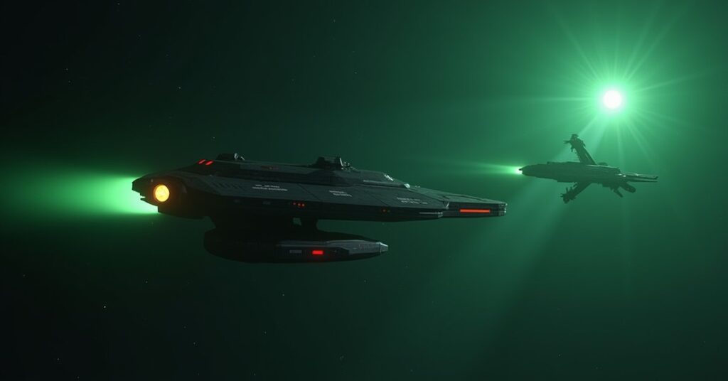 A Federation starship intercepting a Romulan Tal Shiar vessel near a border outpost in Star Trek Fleet Command