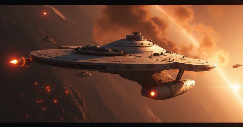 A damaged starship exchanging fire with another vessel over a burning planet in Star Trek Fleet Command