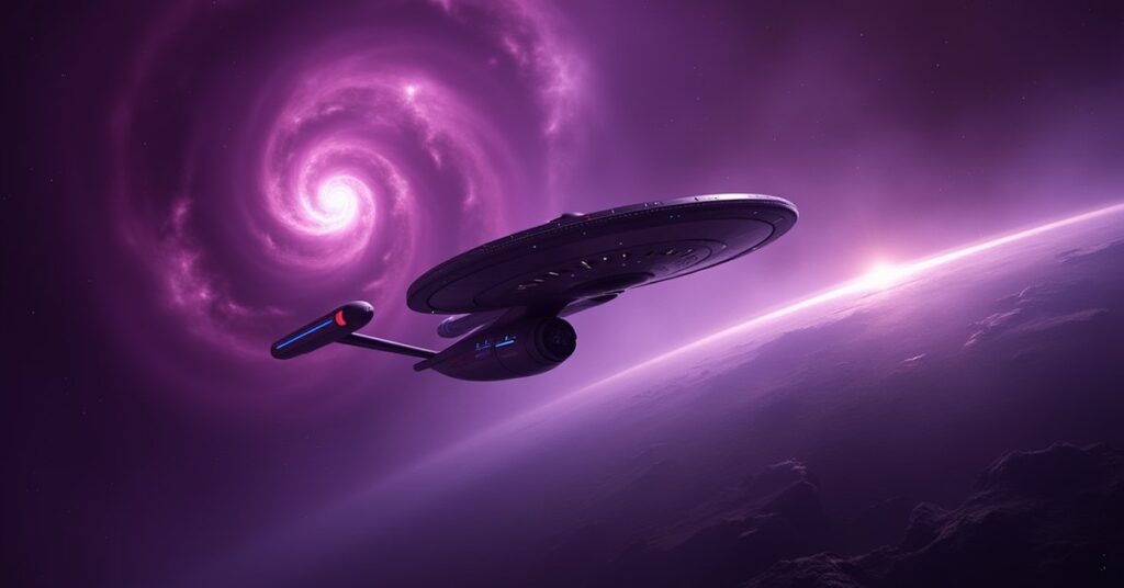 A Starfleet ship pursuing the USS Voyager through a glowing Delta Quadrant nebula
