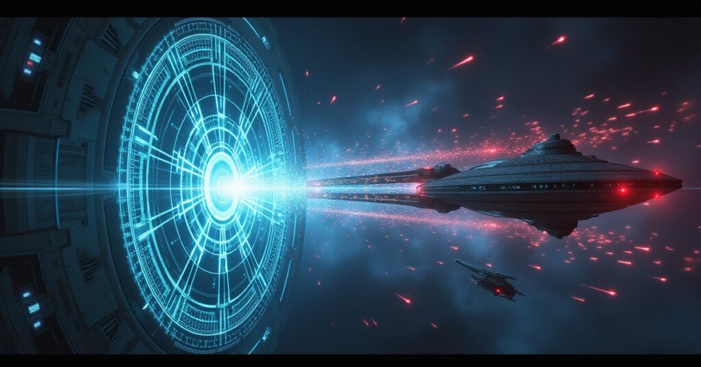 Starfleet station inside a flickering holographic grid under attack by a Borg probe and swarm ships