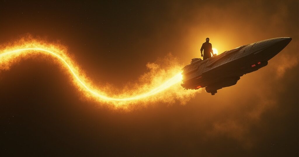 A dark cult ship siphoning a glowing energy ribbon in Star Trek Fleet Command