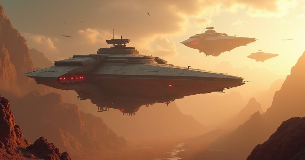 A starship facing AI-controlled hydra drones over an alien world in Star Trek Fleet Command