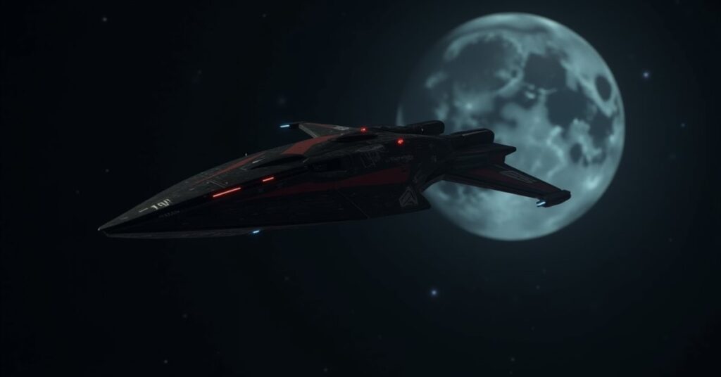 A Romulan warbird disabling a small Starfleet vessel near a dark moon in Star Trek Fleet Command