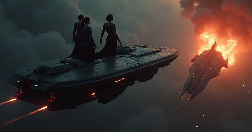 A starship heading for a hidden vessel in a dark nebula in Star Trek Fleet Command