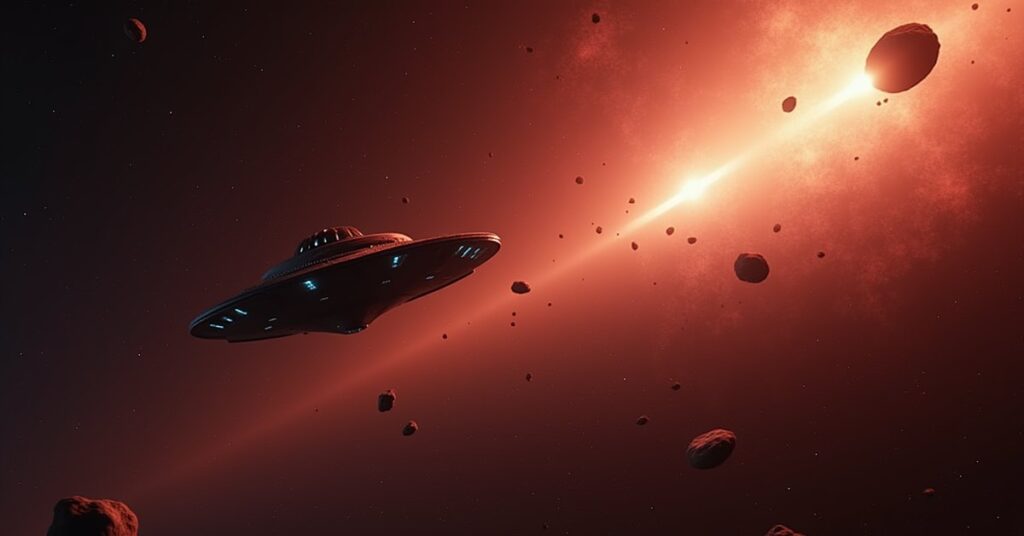 A Klingon ship guards a survey craft among flickering asteroids at the edge of a luminous veil