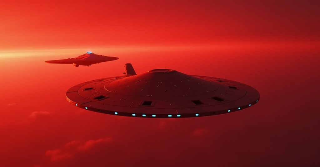 A starship escorting a Ferengi freighter away from a Terran Empire warship in the Mirror Universe