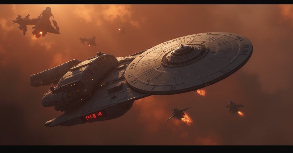 A starship shielding a small Starfleet shuttle from a pack of Gorn warships above a mining world