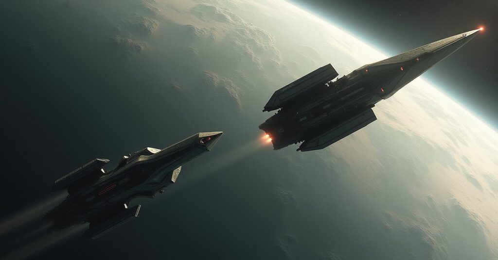 A Suliban ship and a starship confronting a Romulan warbird near a gas giant in Star Trek Fleet Command