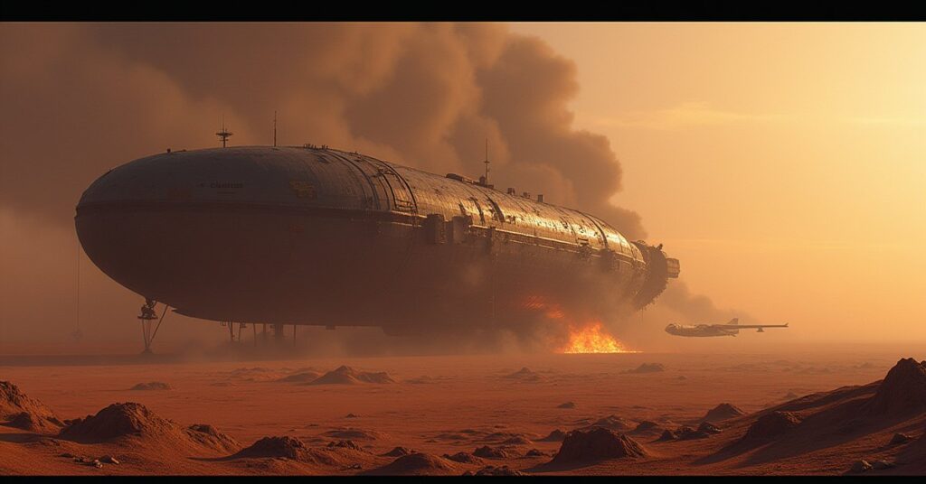 A Federation shuttle landing beside a crashed freighter on a rocky alien plain in Star Trek Fleet Command