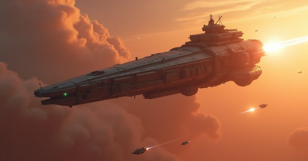 A small starship fighting a raider above a resort planet in Star Trek Fleet Command