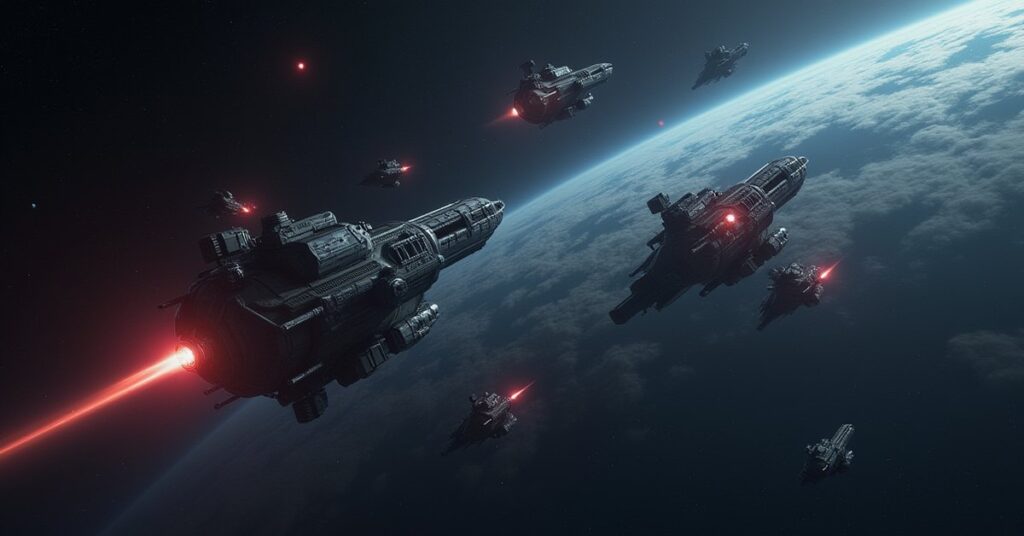 A lone starship fighting hostiles with data streaming across its screen in Star Trek Fleet Command