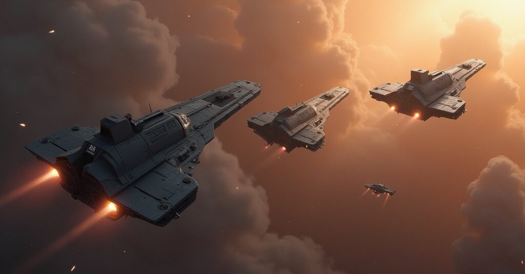 Three hijacked starships attacking together in a smoky star system in Star Trek Fleet Command