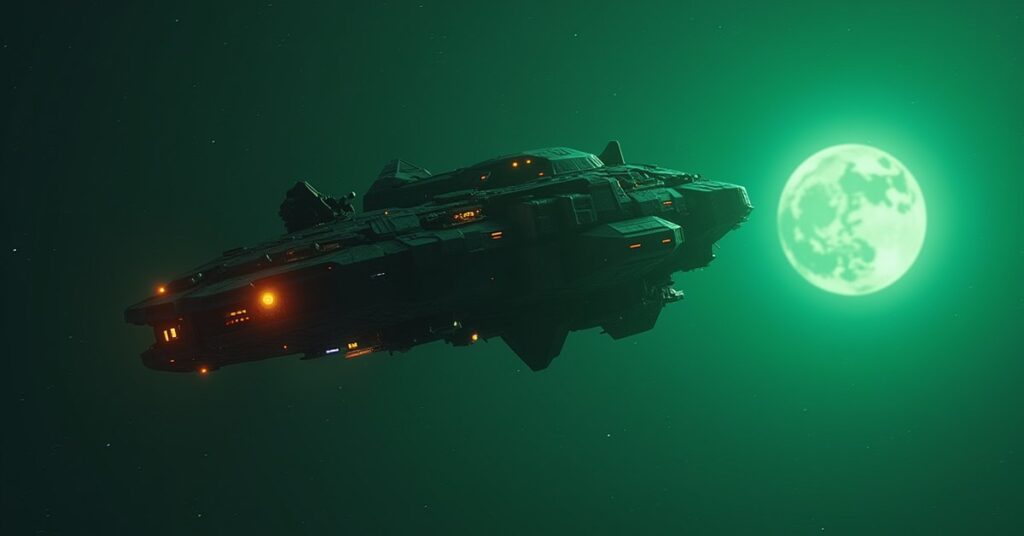 A small cargo starship leaving a busy black market station in Star Trek Fleet Command
