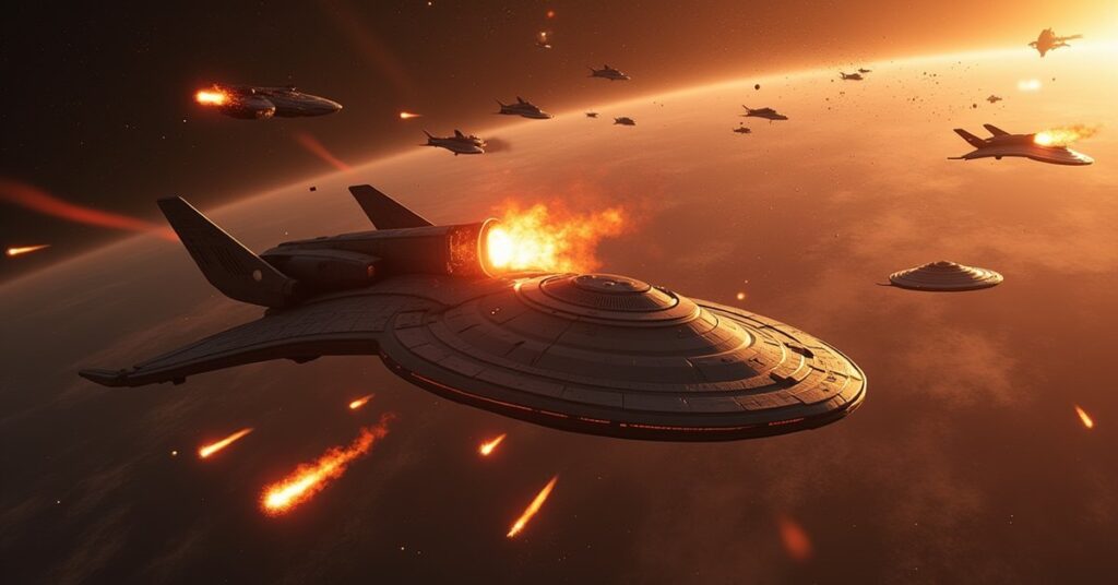A Klingon fleet attacking Starfleet ships above a Federation world in Star Trek Fleet Command