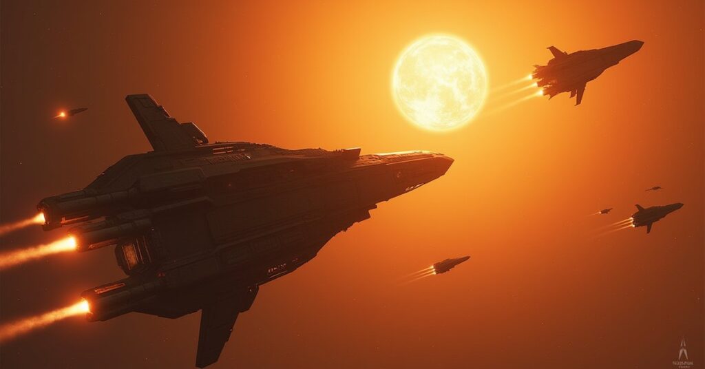 A starship fighting a Klingon mercenary raider near a flaring star in Star Trek Fleet Command