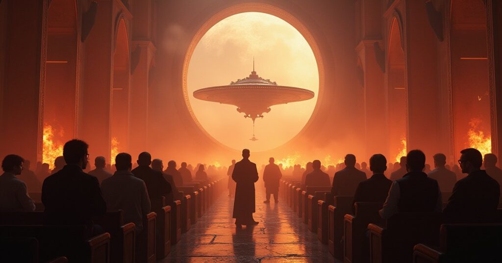 Locals and refugees argue in a domed colony hall with a starship visible through the dome