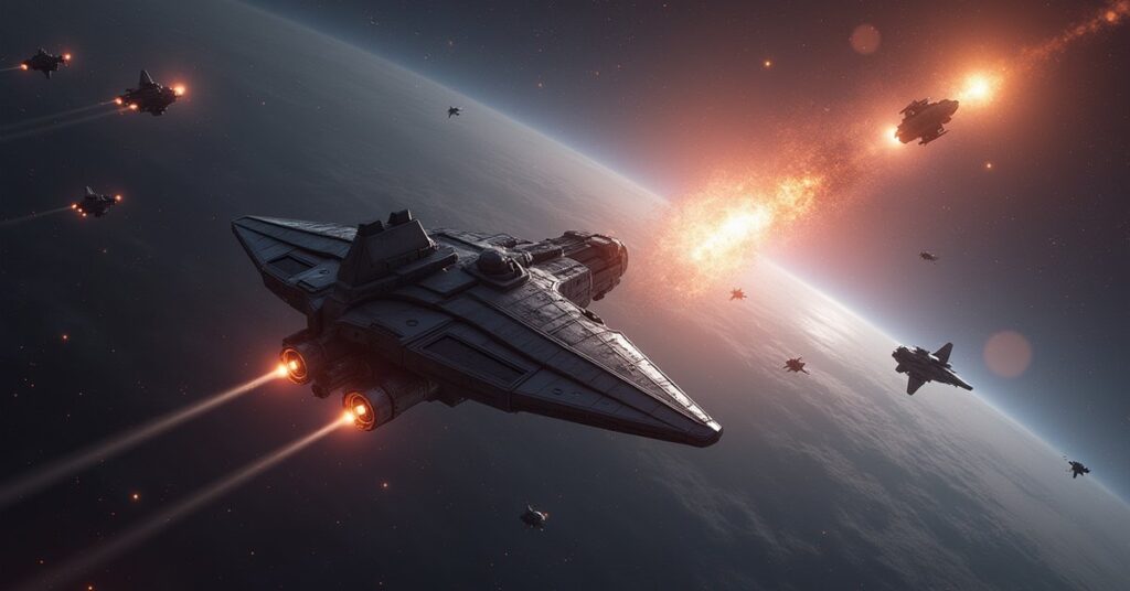 An independent starship guards ancient silver alien vessels amid a chaotic space battle in Star Trek Fleet Command