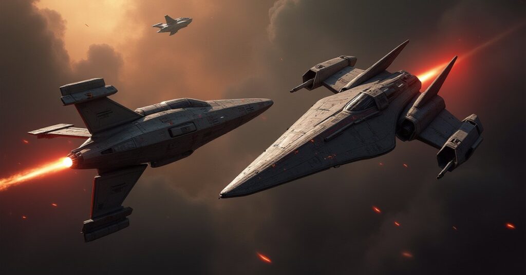A Romulan warbird facing a rebel ship as a Tal Shiar vessel decloaks in Star Trek Fleet Command