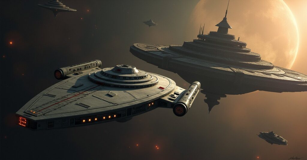 A starship approaching a destroyed station near a Romulan colony in Star Trek Fleet Command