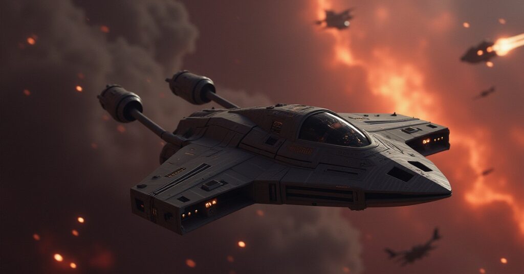 A crippled Romulan interceptor drifting amid a battle in Star Trek Fleet Command