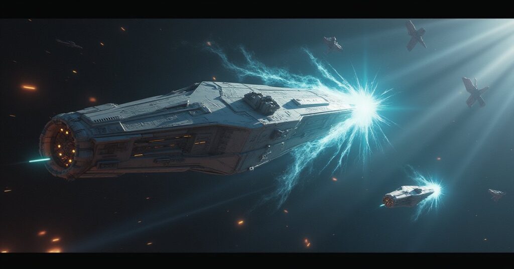 A starship shielding a damaged crystalline ship from a Breen warship in Star Trek Fleet Command