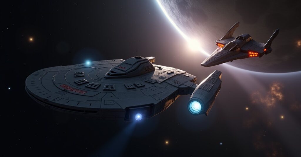 A Federation starship and a Romulan warbird racing toward a glowing anomaly in Star Trek Fleet Command