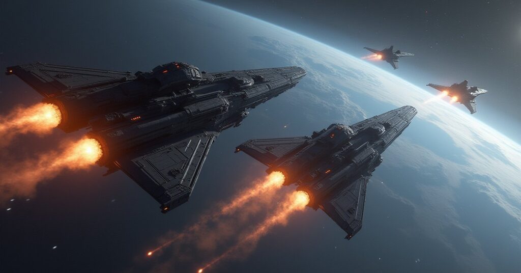 Two identical alien ships firing on each other as a starship intervenes in Star Trek Fleet Command