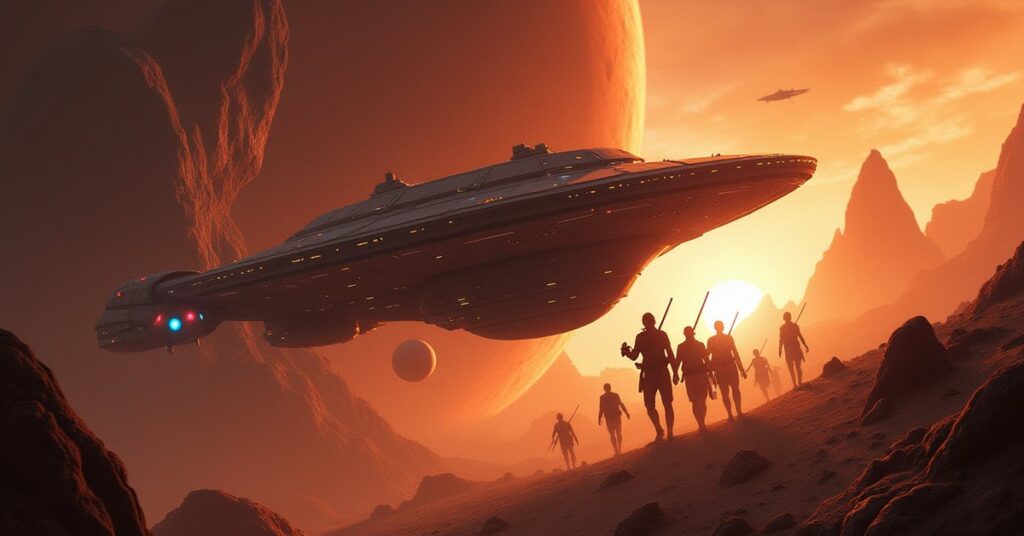 A starship escorting a cargo shuttle through asteroids during a Nausicaan ambush in Star Trek Fleet Command