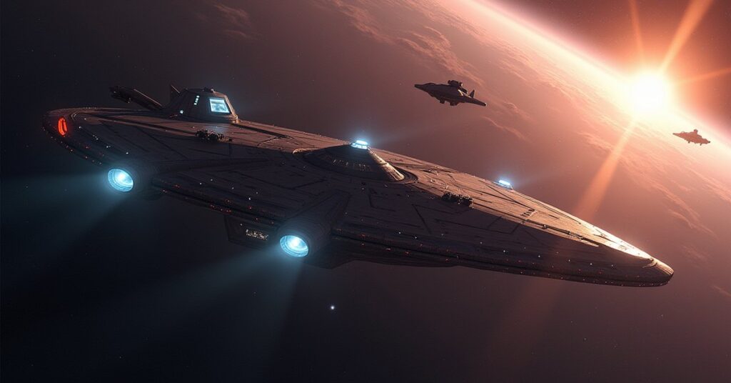 A starship waiting beside Starbase 5 in the Alpha Centauri system in Star Trek Fleet Command