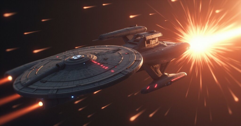 An old Federation starship attacking a starbase as another ship moves to defend it in Star Trek Fleet Command