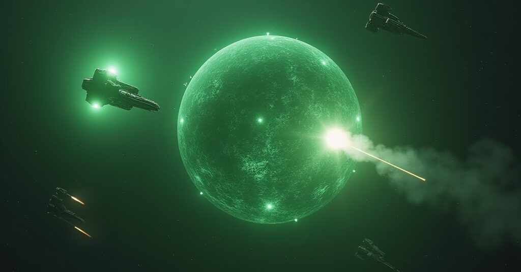 A Borg Sphere fighting Conqueror Borg ships as Maverick vessels escape in Star Trek Fleet Command