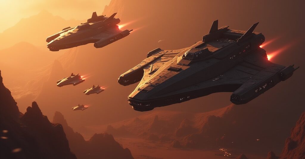 Klingon bombers diving on a small colony as a ship intercepts in Star Trek Fleet Command