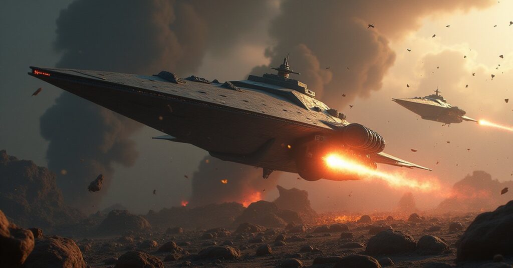 A Klingon warship corners a small spy vessel in a drifting debris field