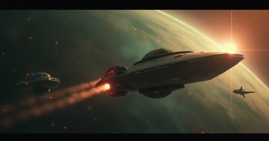 A starship driving off raiders around a colony in Star Trek Fleet Command
