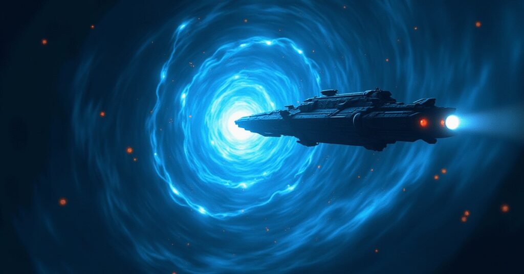 A starship studying a swirling anomaly laced with glowing mycelial threads in Star Trek Fleet Command