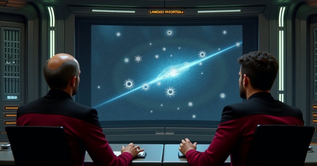 Romulan officers study a tactical display of enemy positions across a contested system