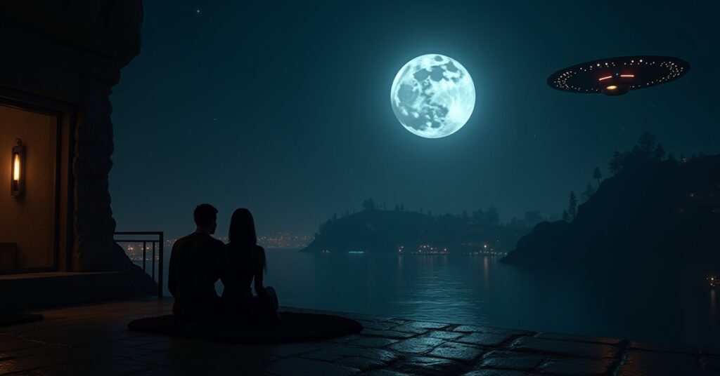 Two Romulans meeting in secret on a moonlit colony balcony in Star Trek Fleet Command