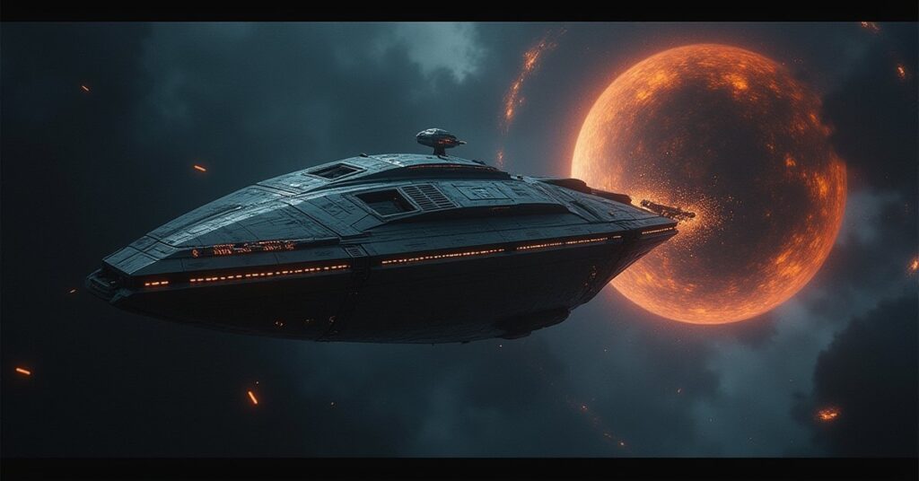 A Romulan research ship pulled toward a dark void anomaly as a starship approaches in Star Trek Fleet Command