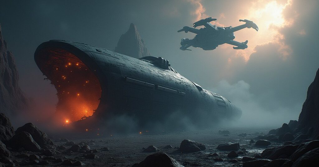 The wrecked U.S.S. Excelsior on a rocky planet as a Romulan Bird-of-Prey emerges from the nebula above