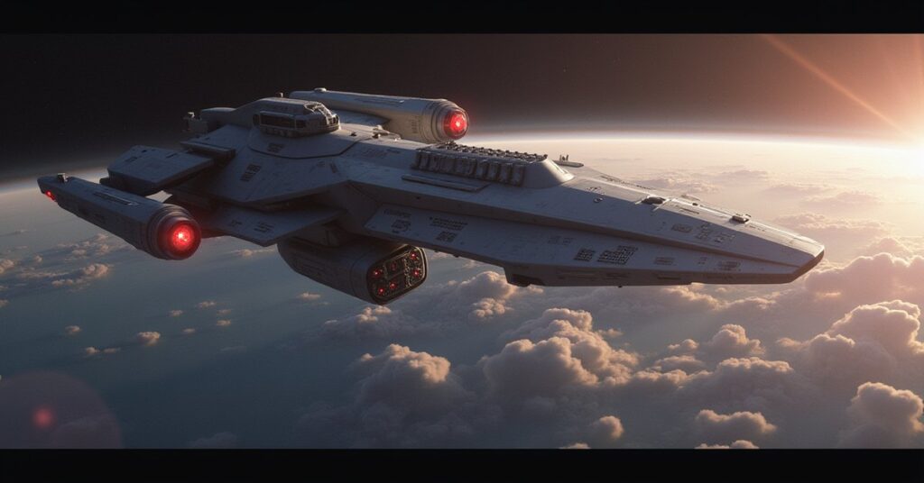 A Federation starship disabling another vessel above a Romulan world in Star Trek Fleet Command