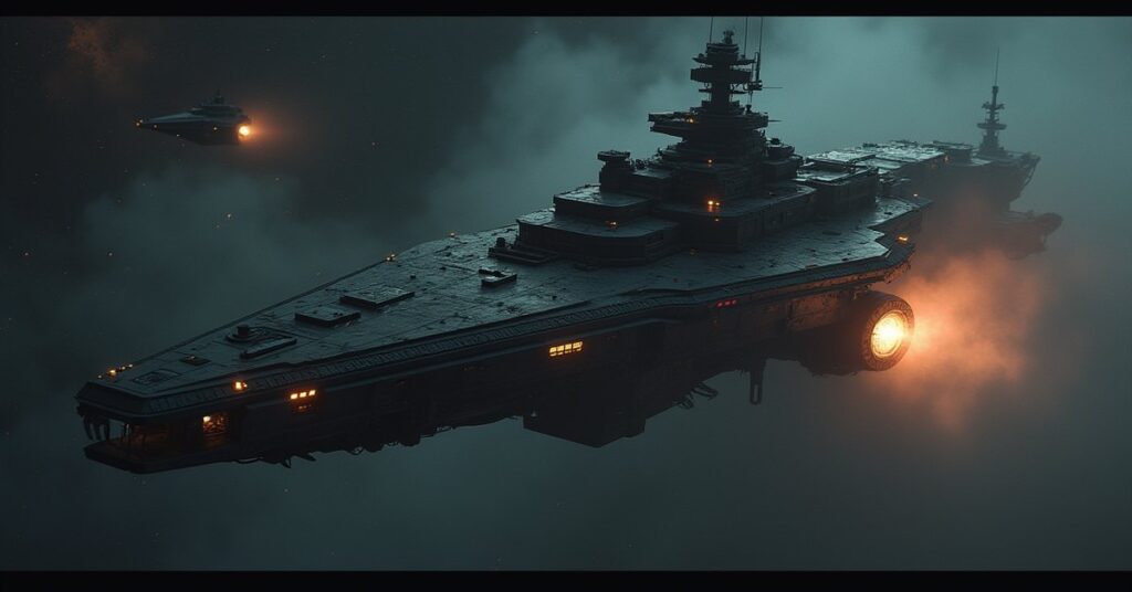 A starship confronting a mercenary cruiser in a dim system in Star Trek Fleet Command