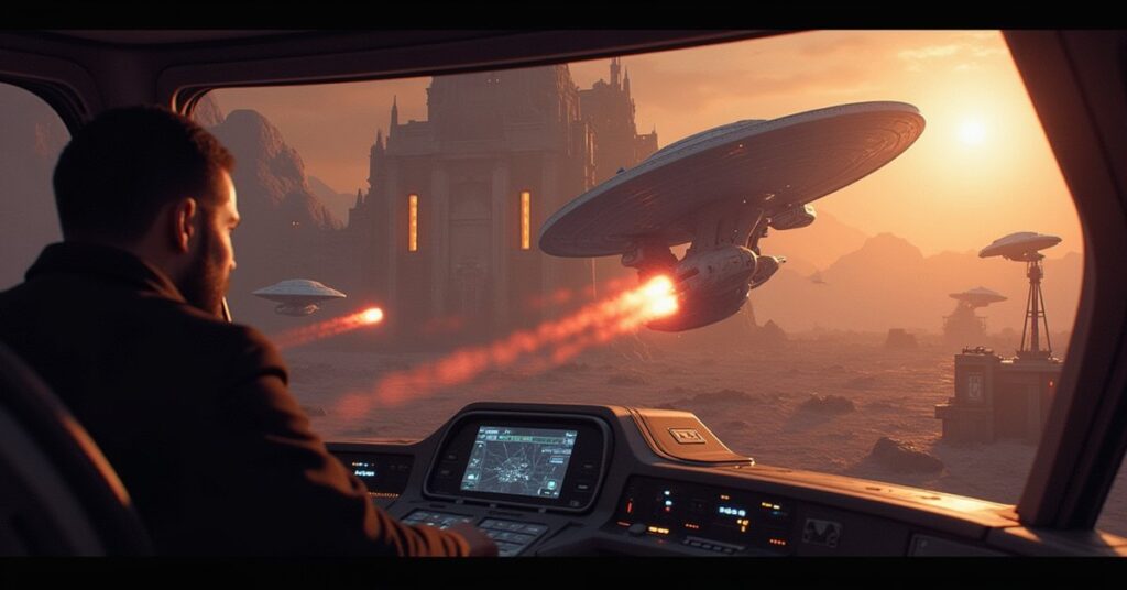 A starship holds fire as a Forsaken ship attacks near a frontier trade station in Star Trek Fleet Command