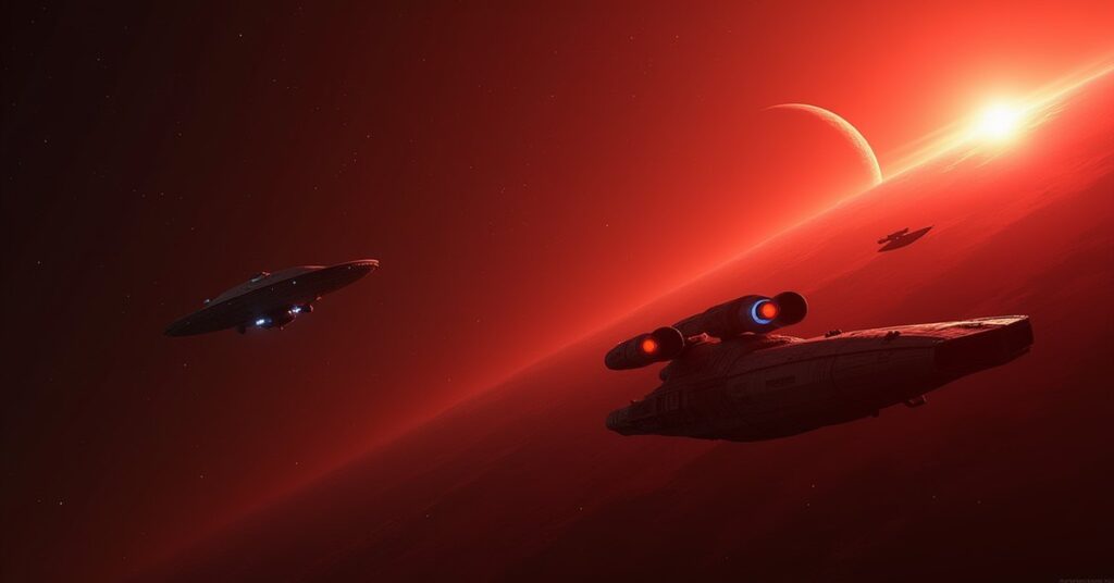 A lone starship approaching Klingon battlecruisers above a red Klingon world in Star Trek Fleet Command
