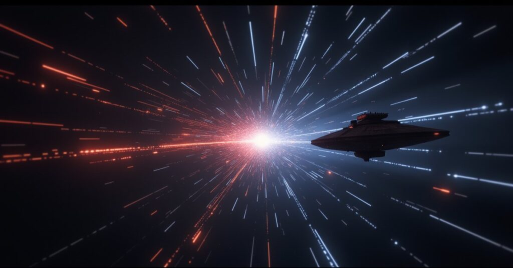 A starship follows pulsing signals toward a vessel trapped in a rippling spatial distortion