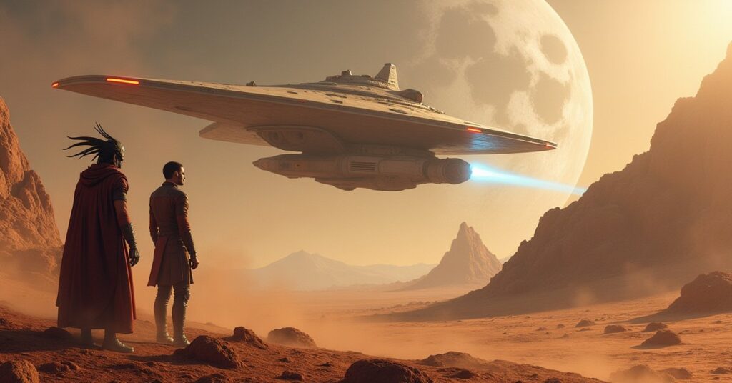 A starship fights pirates above a barren moon with a Klingon and a Vulcan beside a wreck in Star Trek Fleet Command