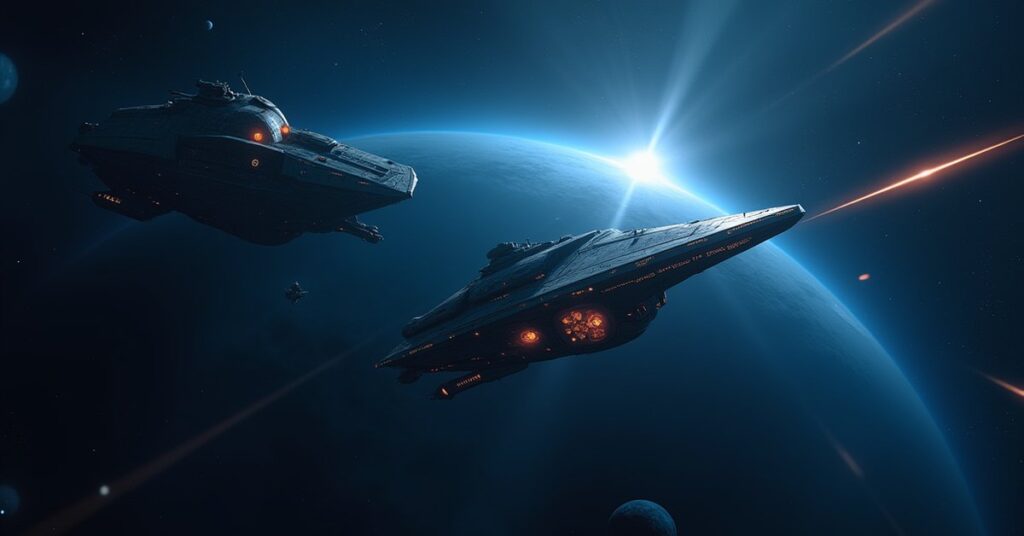 A starship engaging an alien herald ship and its Klingon guard near a gas giant in Star Trek Fleet Command